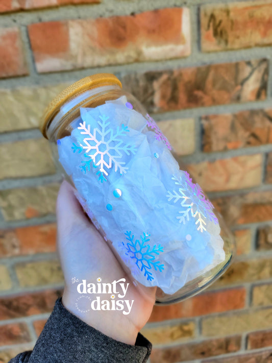 16oz Iridescent Snowflakes Glass Can